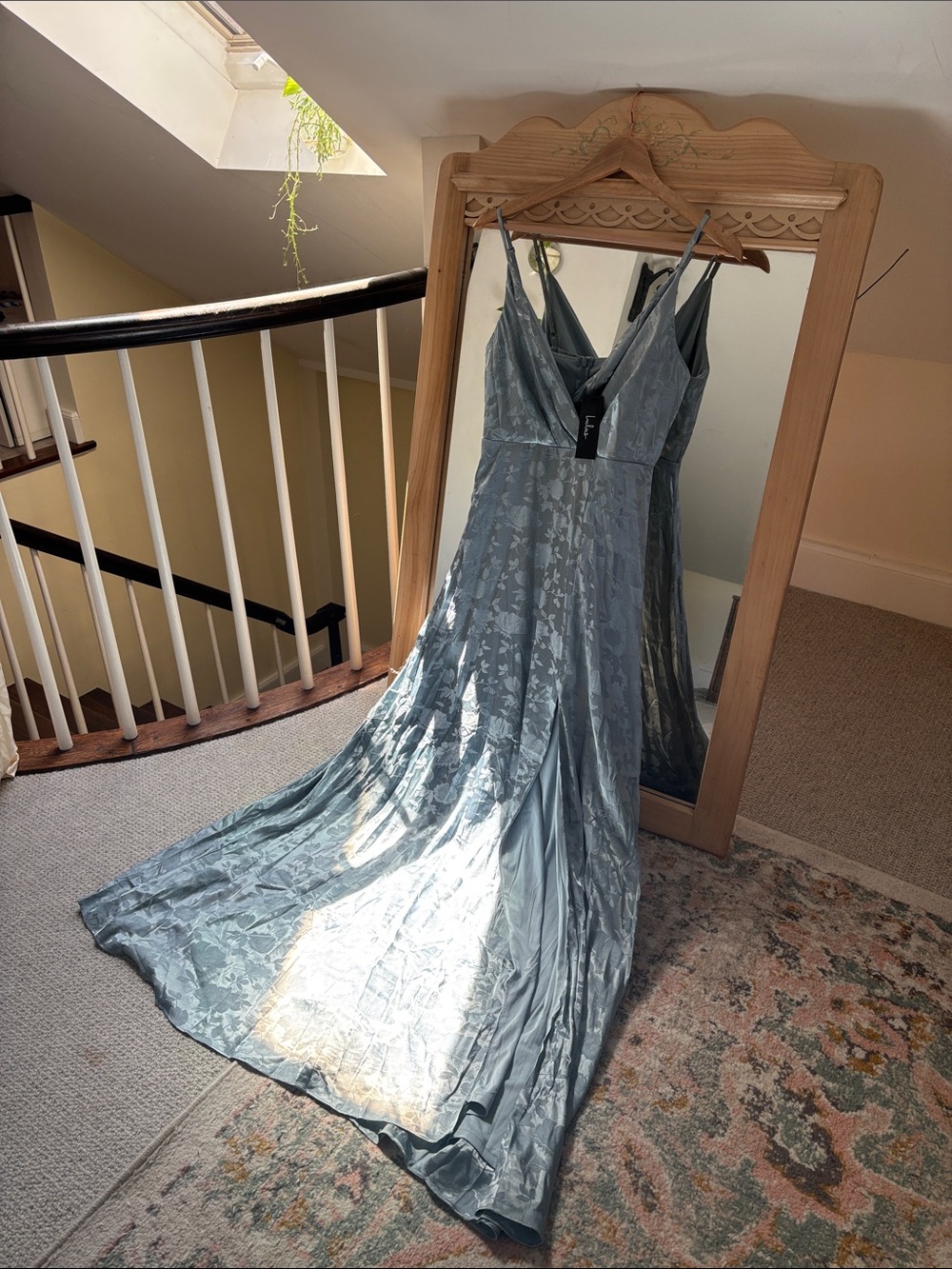 Elegant Slate Blue Floral Maxi Dress with Spaghetti Straps